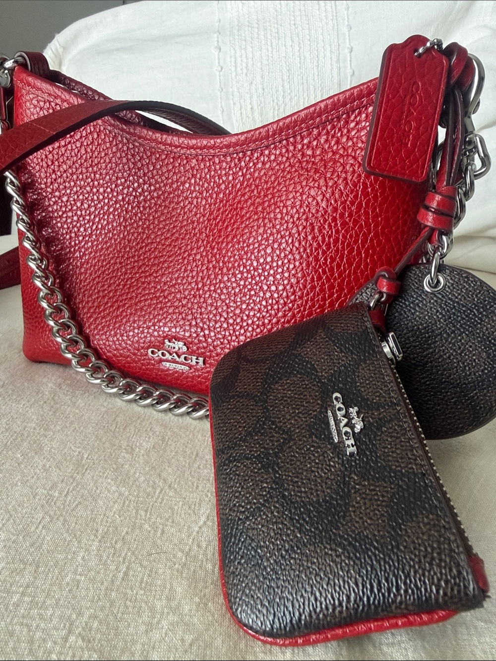 Coach Red Pebbled Leather Shoulder Bag with Brown Coach Signature Wallet